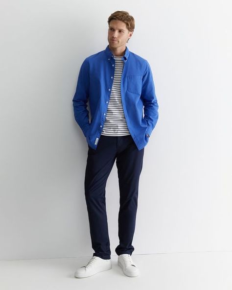 Casual Button-Down Shirt Blue Outfit Men, Dutch Blue, Smart Casual Style, Mens Fashion Blog, Stylish Coat, Rugged Look, Classic Suit, Crisp White Shirt, Well Dressed Men