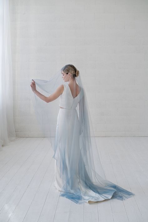 Leah - ombre wedding veil Ombre Veil, Ravenclaw Wedding, Tiered Veil, South Of France Aesthetic, Dramatic Veil, Unique Veil, Veil With Blusher, Bridal Veils And Headpieces, Blue Veil