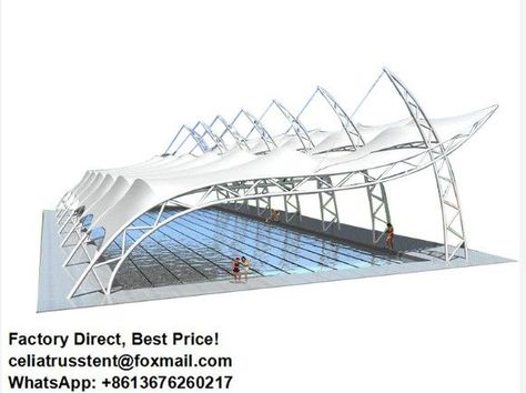 Tensile Membrane Structure Architecture, Membrane Roof Architecture, Pool Structure Ideas, Tensile Roof Design, Tensile Membrane Structures, Tensile Structure Architecture, Roof Structure Architecture, Tent Structure Architecture, Tensile Roof