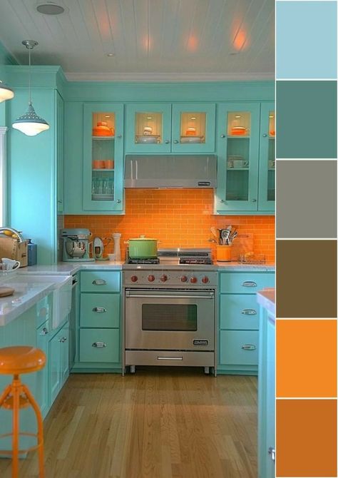 Bold Kitchen Colors, Colorful Kitchen Cabinets, Airstream Kitchen, Alaska House, Chic Shack, Futon Bedroom, Bold Kitchen, Turquoise Kitchen, 70s Interior