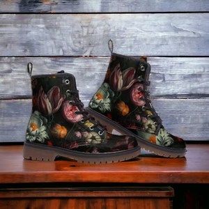 Mid Height Boots, Pretty Punk, Floral Combat Boots, Gothic Floral, Goth Boots, Lightweight Boots, Floral Boots, Leather Combat Boots, Vegan Boots