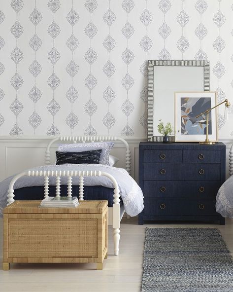 Sophisticated Twin Beds - 20 Ideas For Grownup Bedrooms - Laurel Home Blue Bedroom Wallpaper, Bedroom Wallpaper Ideas, Modern Coastal Decor, Sham Bedding, Luxury Duvet Covers, Twin Beds, Bedroom Wallpaper, Luxury Bedding Sets, Queen Comforter