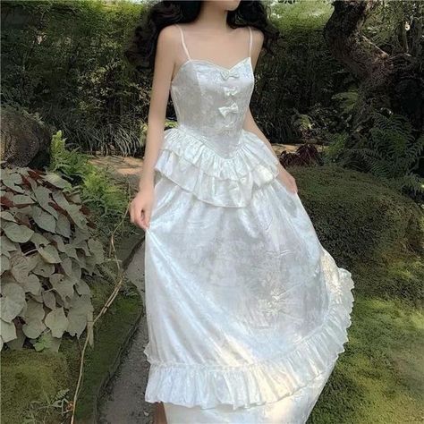 Angelcore Dress, Royalcore Dress, White Dress Bride, Mori Girl Fashion, Fairy Dresses, Dress Bride, Camisole Dress, Fairytale Dress, Bow Dress