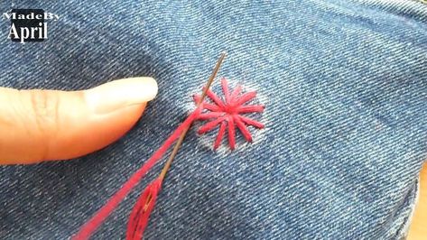 Embroider Holes In Clothes, Repair Holes In Jeans, Embroidery Hole Repair, Holes In Jeans, Visible Mending Stitches, Embroidery Jeans Diy, Jeans With Embroidery, Patch Hole, Mending Clothes