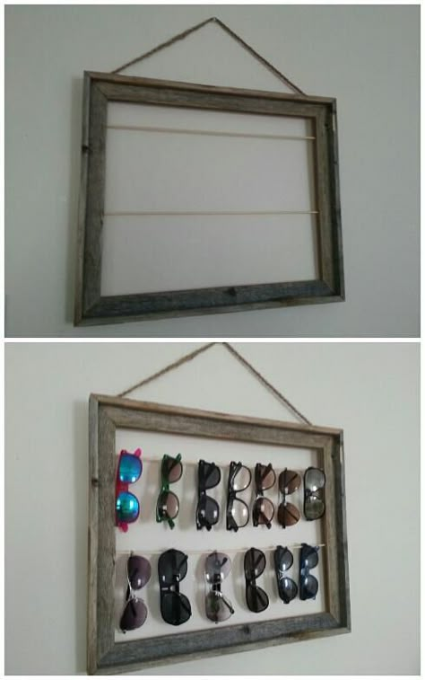 Sunglasses holder... Sunglasses Rack Diy, Diy Sunglass Holder, Ways To Display Sunglasses, Crochet Sunglasses Holder Wall, Sunglasses Hanger Diy, Sunglass Storage, Glasses Organizer Diy, Sunglass Display Ideas, Diy Sunglasses Organizer