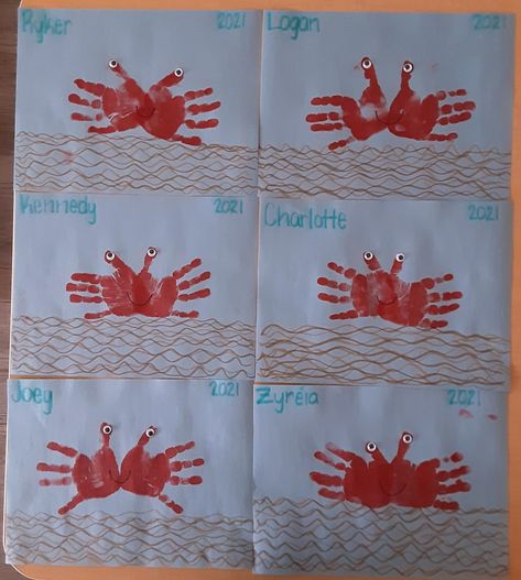 Crab Art For Preschool, Crab Fine Motor Activities, Crab Activity Preschool, Crab Sensory Activity, Preschool Crab Activities, Beach Circle Time Activities, Crab Handprint Art, Lobster Craft Preschool, Crab Preschool Activities