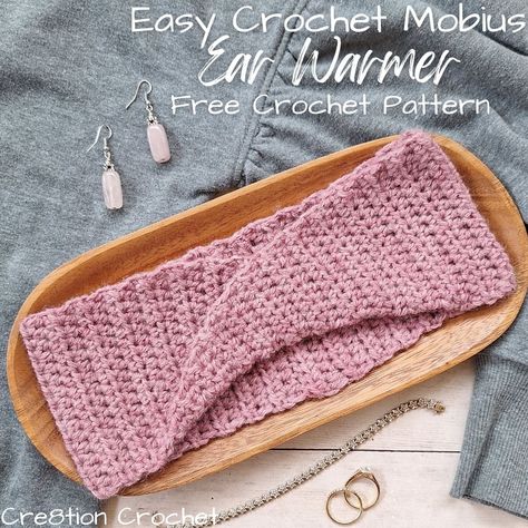 Easy Crochet Mobius Ear Warmer Free Pattern | Easy Half Double Crochet Mobius Ear Warmer - Cre8tion Crochet Crochet Mobius, Beginner Friendly Crochet, Mattress Stitch, Half Double Crochet Stitch, Lion Brand Wool Ease, Crochet Ear Warmer, Crochet Blog, Double Crochet Stitch, Ear Warmer