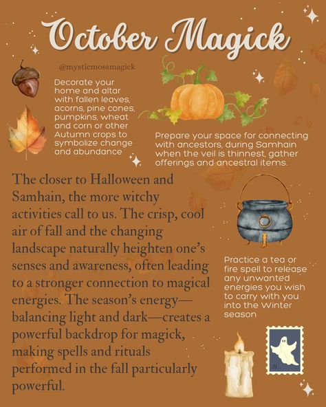 Happy first day of October!! 🎃 The closer to Halloween and Samhain, the more witchy activities call to us. The crisp, cool air of fall and the changing landscape naturally heighten one’s senses and awareness, often leading to a stronger connection to magical energies. The season’s energy—balancing light and dark—creates a powerful backdrop for magick, making spells and rituals performed in the fall particularly powerful. Want to learn more about how to create your own Magick this fall? Get a ... Witchy Activities, Happy First Day Of October, First Day Of October, Samhain Altar, Blessed Samhain, Fall Witch, Samhain Ritual, Spells And Rituals, Autumn Witch