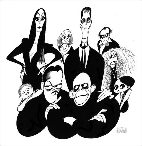 “The Addams Family” (1991) Addams Family Hand, Raul Julia, Portraits Of Celebrities, Al Hirschfeld, Charles Addams, Christopher Lloyd, Anjelica Huston, Adams Family, Celebrity Caricatures