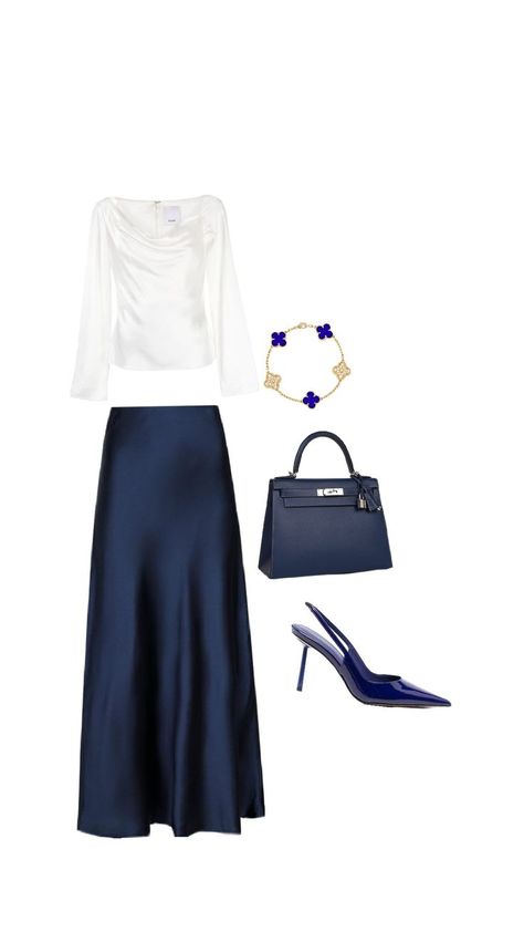 Blue Birkin, Van Cleef Bracelet, Cleef Bracelet, Navy Blue Outfit, Evening Dresses With Sleeves, Blue Outfit, Van Cleef, Casual Style Outfits, Hermes Birkin