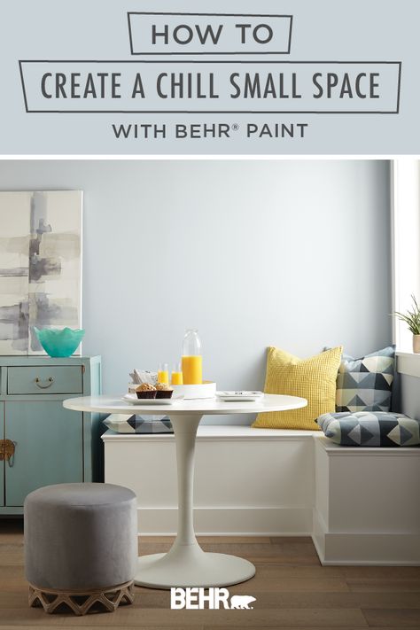 Whether you live in an apartment or a house, finding ways to maximize your space is always key! Check out this tutorial on how to create a chill small space to see how Behr paint can help. Light Drizzle, from the new BEHR® 2020 Color Trends Palette, and Polar Bear create a calming blue and white color scheme that fit beautifully into this kitchen breakfast nook. Click below to learn more. Light Drizzle Behr Paint, Behr Light Drizzle, Peaceful Blue Behr Paint, Behr Watery, Beachy Blue Paint Colors Behr, Paint Trends, Kitchen Breakfast Nooks, Trending Paint Colors, Behr Paint