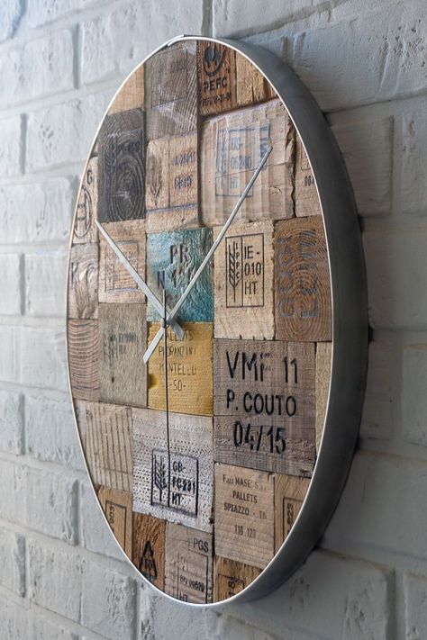 Wood wall clock made from pallets blocks. Aluminium hoop around. #pallet #clock #PalletPalette #MaksCrafta Pallet Wall Clock, Wine Barrel Clock, Pallet Clock, Made From Pallets, Reclaimed Wood Projects, How To Make Wall Clock, Pallet Wall, Wood Ideas, Crafts To Make And Sell