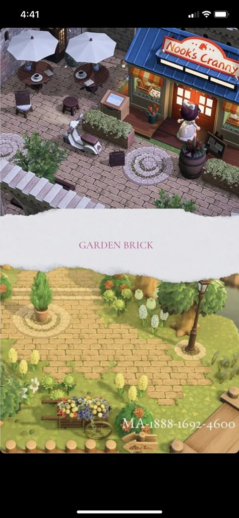 Animal Crossing Nook Shop Ideas Cottagecore, Animal Crossing Patio Design Code, Nooks Cranny Ideas Acnh Springcore, Nooks Cranny Animal Crossing Ideas, Acnh Shops Designs, Animal Crossing Neibourhood Ideas, Acnh Town Path Codes, Nooks Cranny Decor Ideas Acnh, Nook's Cranny Ideas Acnh