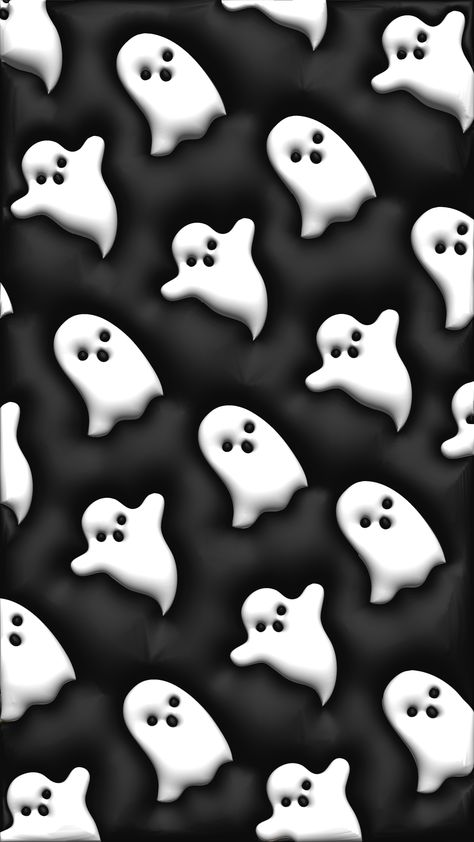 8k Halloween wallpaper. This high-resolution wallpaper for your phone ( iPhone ) has a trendy 3D effect made in Adobe Ilustator and Adobe Photoshop. 3D Halloween pattern has white ghosts on a black background. Edgy Christmas Wallpaper, Black Ghost Wallpaper, Black And White Halloween Wallpaper, Black And White Halloween Aesthetic, Black Halloween Aesthetic, Apple Lockscreen, Scary Wallpapers, Halloween Lock Screen, Ghost Background