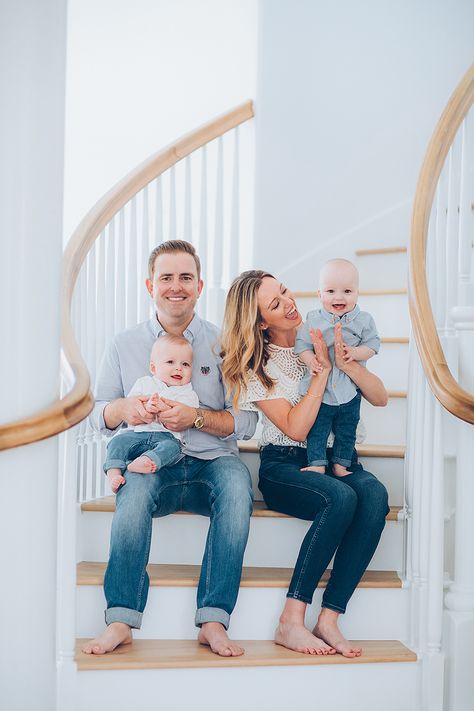 Huntington Beach At Home Photoshoot Family Photos On Staircase, Twin Boys, Boys Playing, Diy Photography, Family Lifestyle, Huntington Beach, Family Posing, Family Photoshoot, Orange County