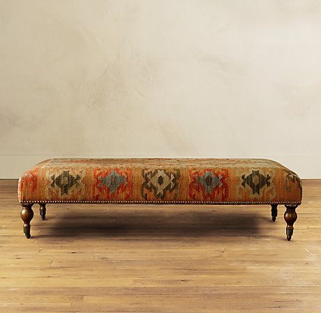 Indian Inspired tapestry bench/table. Kilim Ottoman, Carpet Cover, Ottoman Coffee Table, Moroccan Decor, Upholstered Bench, Apartment Interior Design, Apartment Interior, On The Floor, Interior Design Inspiration