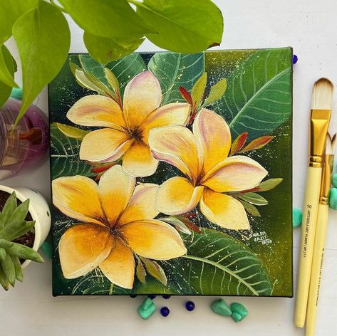 Kathgolap Painting, Mini Canvas Acrylic Painting Ideas, Tropical Painting Acrylic Canvases, Tropical Painting Ideas, Plumeria Painting, Mexico Painting, Canvas Painting For Beginners, Painting Ideas For Beginners, Canvas For Beginners