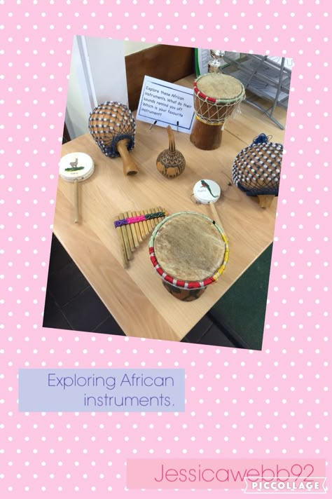 Exploring African instruments. EYFS African Instruments, Handas Surprise, Reception Classroom, Dear Zoo, Eyfs Classroom, Eyfs Activities, African Theme, Princess And The Pea, African Animals