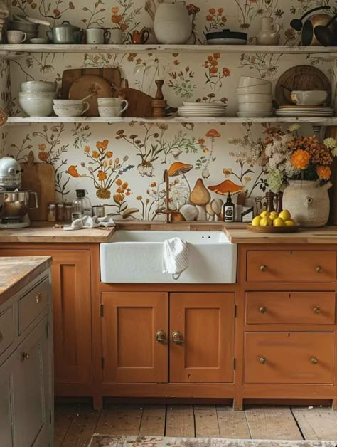 Authentic Cottagecore Kitchen Ideas to Feel Like Cooking in an Enchanted Story - The Mood Guide Vintage Cottagecore Interior, Cottagecore Home Design, Vintage Cottagecore Kitchen, Kitchen Ideas Cottagecore, Cottage Kitchen Wallpaper, Cottagecore Aesthetic Kitchen, Cottagecore House Aesthetic, Cottagecore Kitchen Aesthetic, Merry Mushroom Kitchen