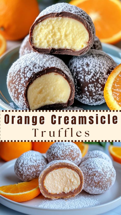 Orange Creamsicle Truffles Orange Cream Truffles, Orange Chocolate Truffles, Orange Cream Filled Chocolates, Orange Cream Candy Recipe, Fresh Orange Desserts, Truffles Flavors, Chocolate Orange Truffles Recipe, Chocolatier Recipes, Orange Truffles Recipe