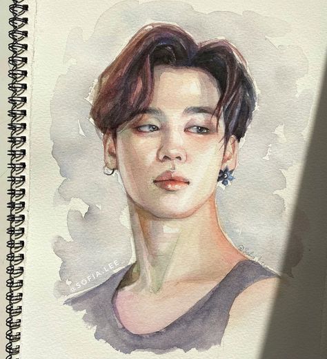 Sofia Lee on Instagram: “@bts.bighitofficial Jimin-ssi!! . Watercolor: Daniel Smith @krasniy_karandash Paper: ST.CUTHBERTS MILL "Waterford" #bts #btsfanart #jimin…” Jimin Painting, Sofia Lee, Jimin Fan Art, Drawings Inspo, Sketch Images, K Pop Fanart, Pencil Sketch Images, Paint Inspo, Colorful Portrait