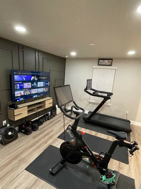 Inside Home Gym Ideas, Gym Tv Room, Work Out Rooms At Home, Weight Room Ideas Home Gyms Small Spaces, Home Gym And Game Room, Home Gym Ideas For Women, Home Gym Women Decor, Home Gym Lounge Room, Workout Room In Basement