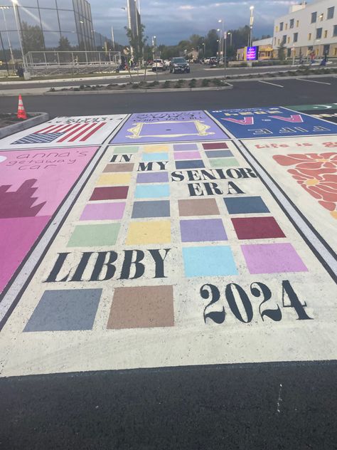 In My Senior Era Parking Spot, Senior Parking Taylor Swift, Theatre Senior Parking Spot, Paint Parking Spot High School Ideas, Painted Parking Lot Spots, Senior Lot Painting, Taylor Swift Themed Senior Parking Spots, Disney Parking Spots, Senior Parking Spot Taylor Swift