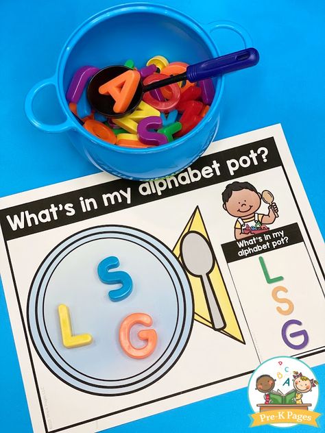 Alphabet Soup Activities For Preschool, Alphabet Soup Game Preschool, Alphabet Soup Kindergarten, Alphabet Literacy Activities Preschool, Alphabet Soup Activity, Prek Language Arts Activities, Preschool Language And Literacy Activity, Pre K Phonics Activities, Alphabet Snacks For Preschool