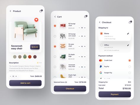 Hey Dribbblers 🔥 Here more screens for the Orix furniture project. Product details and cart screen and the payment screen. It helps you to add products and do payments too.I am always open to im... Add To Cart Design, App Checkout Design, Mode Of Payment Layout, Furniture App Design, Cart Ui Design Mobile, Transaction Screen Mobile App, Payment Ui Design Mobile, Payment App Ui Design, Payment Screen Ui