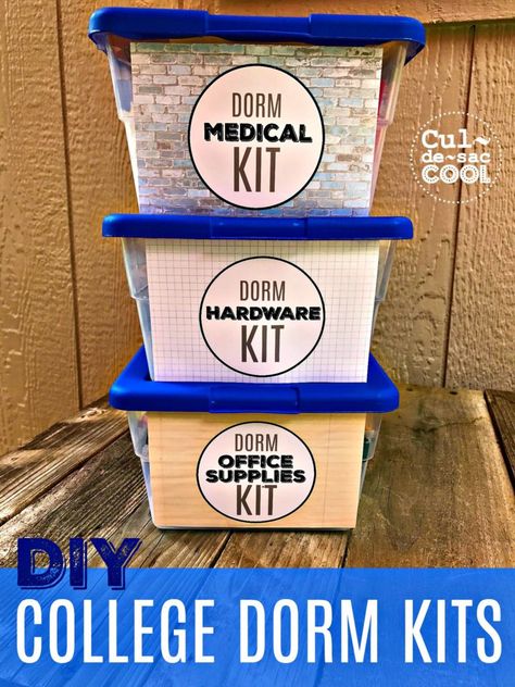 DIY COLLEGE DORM KITS. Make sure your college student is prepared for ANYTHING!!! | CULDESACCOOL.COM College Dorm Diy, College Dorm Gifts, Dorm Gifts, College Survival Kit, College Dorm Checklist, Dorm Checklist, Diy College, Dorm Supplies, Dorm Diy