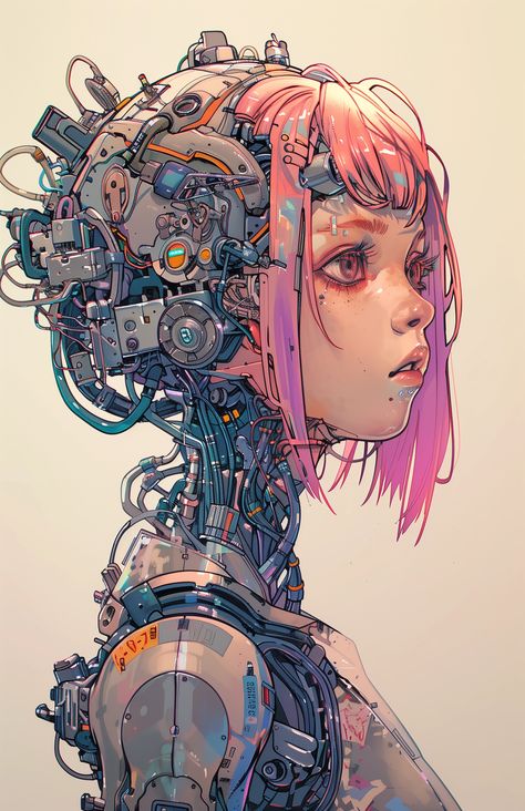 Creative vision selected by ThetaCursed, License: CC BY-NC 4.0 Woman With Pink Hair, Robot Head, Cybergoth Anime, Cyborgs Art, Infinity Art, Cyberpunk Girl, Gothic Fantasy Art, Detailed Coloring Pages, Arte Cyberpunk