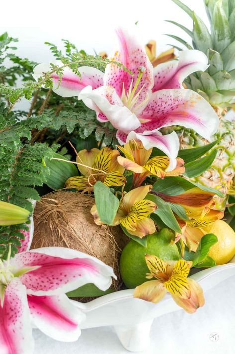 Six Ideas for Fruit and Flower Arrangements with Combinations to Create a Stunning Centerpiece | Kelley Nan Fruit And Flower Arrangements, Tiffany Baby Showers, Tropical Centerpieces, Coconut Flower, Fruit Centerpieces, Tropical Flower Arrangements, Flower Centerpiece, Floral Arrangements Diy, Garden Painting