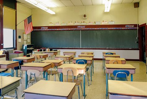 Elementary School Classroom | Stocksy United By Raymond Forbes photography #StockPhoto #StockPhotography #AmericanFlag #School #BackToSchool #Education #Desk #Classroom #Vintage #Oldschool #Blackboard #Student Empty Classroom Aesthetic, Old School Classroom Aesthetic, School Background Classroom, Abandoned Classroom Aesthetic, Nostalgic Elementary School, Empty Classroom, Photography Classroom, Elementry School, Life In Usa