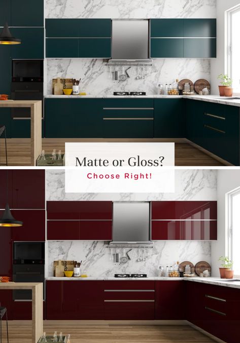 Understand the difference between a matte and a glossy finish.  #InteriorDesign #Kitchen #IndianHomes Modular Kitchen Matt Finish, Matt Finish Kitchen Cabinets, Glossy Finish Kitchen Cabinets, Matte Finish Kitchen Cabinets, Indian Kitchen Colour Combination, Indian Modular Kitchen Colour Combination, Glossy Kitchen Cabinets Modern, Glossy Kitchen Cabinets, Matt Finish Kitchen