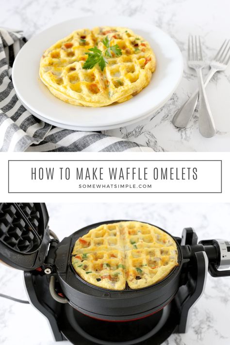 collage of the pictures showing how to make a waffle omelet #vegetables #cheese #pork #dairy #breakfast Waffle Iron Eggs, Eggs In Waffle Iron, Eggs In Dash Waffle Maker, Eggs Made In Waffle Iron, Waffle Maker Omelette, Eggs On Waffle Maker, Eggs Waffle Maker, Egg In Mini Waffle Maker, Eggs In Mini Waffle Maker