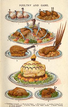 Edwardian Dinner Victorian Food Dinner, Victorian Meals, 1800s Food, Edwardian Food, 1800s Kitchen, Victorian Food, Victorian Recipes, Historical Food, Food Illustration Art