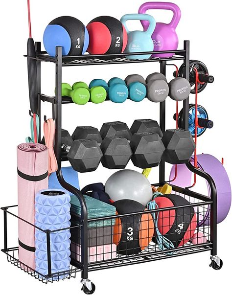 Mythinglogic Dumbbell Rack, Home Gym Storage Weight Rack for Dumbbells, Kettlebells Yoga Mat and Balls, Heavy Duty Sports Storage Rack with Wheels and Hooks, Powder Coated, Dumbbell Racks - Amazon Canada Workout Equipment Storage, Sports Equipment Organization, Home Gym Organization, Gym Rack, Home Gym Storage, Gym Organizer, Gym Storage, Dumbbell Storage, Sports Storage