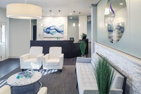 #Reception Desk and Waiting Room for #Chiropractor with custom #lighting Waiting Room Design Reception Areas, Reception Area Chairs, Chiropractic Office Design, Deco Spa, Office Space Planning, Waiting Room Design, Studio Medico, Office Reception Area, Medical Office Decor