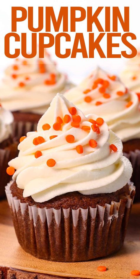 These Pumpkin Cupcakes with Maple Cream Cheese Frosting are mega soft, fluffy, super moist, and packed with sultry, warm fall spices! #cupcakes #cupcakerecipe #pumpkincupcakes #fallbaking #pumpkin #pumpkinrecipes #pumpkinrecipe #pumpkinpuree Fall Desserts Cupcakes, Pumpkin Cupcakes Recipes, Pumpkin Cupcakes With Cream Cheese Icing, Pumpkin Cupcakes With Cream Cheese, Pumpkin Cupcake Recipes, Maple Cream Cheese Frosting, Maple Cream Cheese, Pumpkin Cupcake, Fall Cupcakes