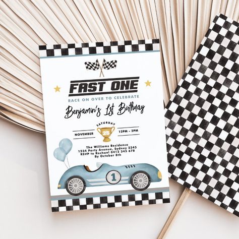 Retro Blue Fast One Race Car Boy 1st Birthday Invitation - tap/click to get yours right now! #Invitation #race #car, #vintage #racing #party, Racecar 1st Birthday, First Birthday Theme Boy, Vintage Race Car Party, Racing Party, Boys First Birthday Party Ideas, Car Birthday Theme, Birthday Themes For Boys, 2nd Birthday Invitations, Race Car Birthday