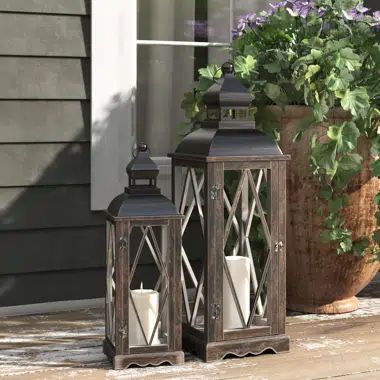 Lark Manor Metal Tabletop Lantern & Reviews | Wayfair Floor Lantern, Black Candle Holders, Iron Wall Sconces, Large Lanterns, Small Lanterns, Wood Lantern, Garden Lanterns, Lantern Set, Black Candles