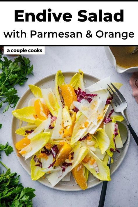 This endive salad recipe is a mix of refreshing, tangy and sweet! Combine this bitter green with orange, Parmesan and red wine vinaigrette. #endive #endivesalad #easysalad #saladrecipe #easysaladrecipe #endivesaladrecipe #endiverecipe Vinaigrette Recipes Easy, Creamy Balsamic Dressing, Fennel And Orange Salad, Endive Recipes, Endive Salad, Red Wine Vinaigrette, Simple Vinaigrette, Pear Salad, Couple Cooking