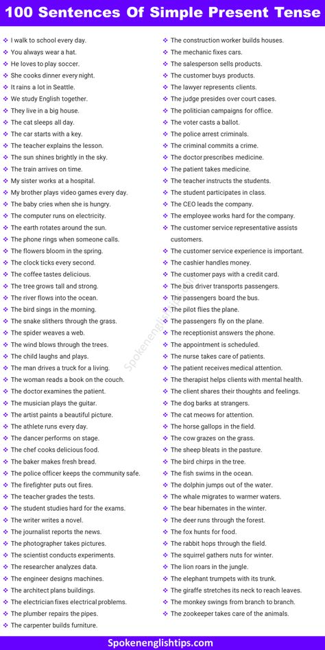 If you are an English language learner, then mastering the simple present tense is essential for your communication skills. Simple present tense is used to describe actions that occur regularly, habits, facts, and general truths. In this article, we will provide 100 sentences of simple present tense to help you become more confident in your ... Read more Tense Structure, Simple Present Tense Worksheets, English Communication, English Communication Skills, Become More Confident, Simple Present Tense, English Spoken, Simple Present, Verb Worksheets