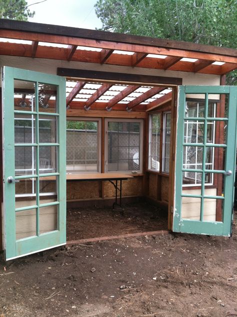 Old Window Greenhouse, Studio Cottage, Greenhouse Construction, Window Greenhouse, Yard Remodel, Diy Greenhouse Plans, Lean To Greenhouse, Outdoor Greenhouse, Greenhouse Shed