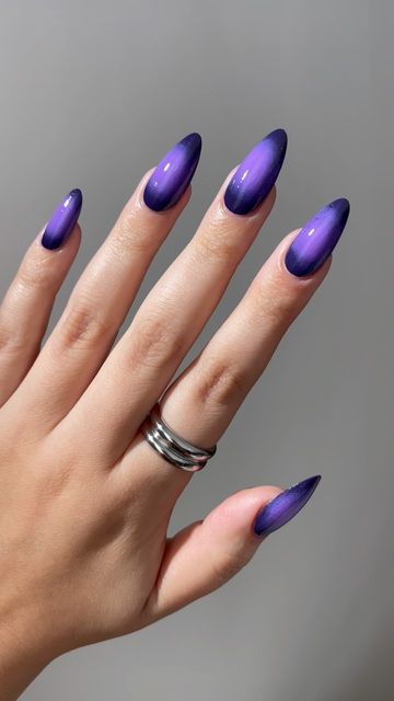 Lights Lacquer on Instagram: "How to create an easy monochromatic aura mani! The perfect summer to fall nails 💜 💅 Polishes Used: Tightrope + Miss Hepburn #lightslacquer #lacquerartist #nails #nailgram #nailinspo #nailtrends #almondnails #naildesign #nailartist #fallnails #auranails #trendynails #nailpolish #veganpolish #nailvideo #nailtutorial #nailvibes" Purple Monochromatic Nails, Fall Aura, Monochromatic Nails, Winter Nail Polish, Aura Nails, Fall Nail Polish, Fall Manicure, Purple Nail Designs, Holiday Nail Designs