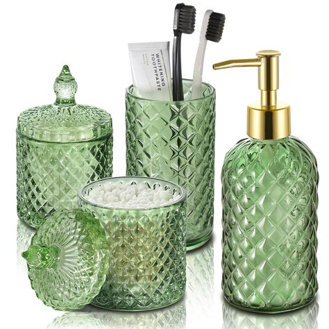 PRICES MAY VARY. Glass 【ATTRACTIVE 4 PACK GREEN BATHROOM ACCESSORIES】 Get these DIAMOND STYLE elegant additions to your bathroom right now! Let these green bathroom accessory set brighten your bathroom nicely! This green bathroom decor is perfect for every bathroom theme no matter boho, modern, farmhouse, vintage, and western, you name it! You would get a SOAP DISPENSER, a TOOTHBRUSH HOLDER, a QTIP HOLDER, and a COTTON BALL HOLDER in just ONE set! 【GORGEOUS DIAMOND PATTERN DESIGN】Diamond is a sy Olive Green Bathroom Decor, Tan Bathroom Decor, Olive Green Bathroom, Vintage Green Bathroom, Olive Green Bathrooms, Bronze Bathroom Accessories, Green Bathroom Accessories, Bathroom Theme, Counter Organizer