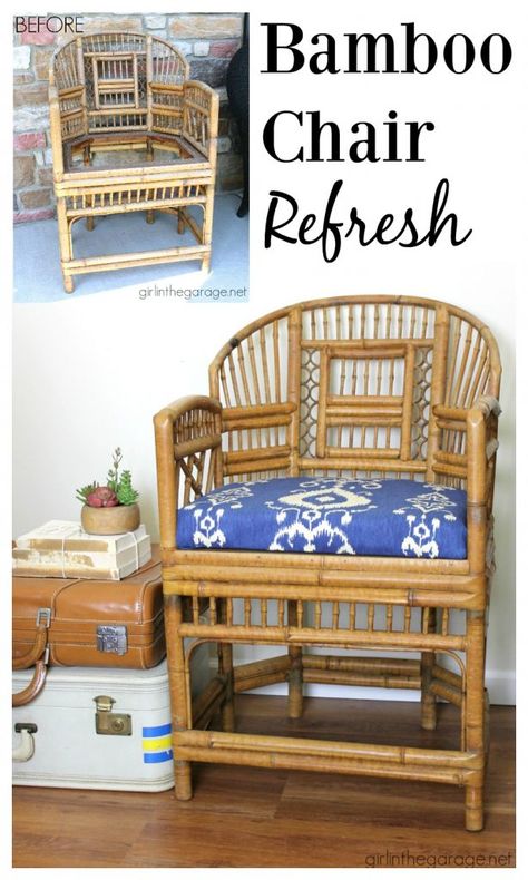 Bamboo chair makeover refresh - and how to make a new seat for a chair. By Girl in the Garage Bamboo Chair Makeover, Bamboo Furniture Makeover, Diy Furniture Chair, Upcycled Furniture Diy, Bamboo Chair, Bamboo Furniture, Chair Makeover, Interior Design Diy, Diy Chair