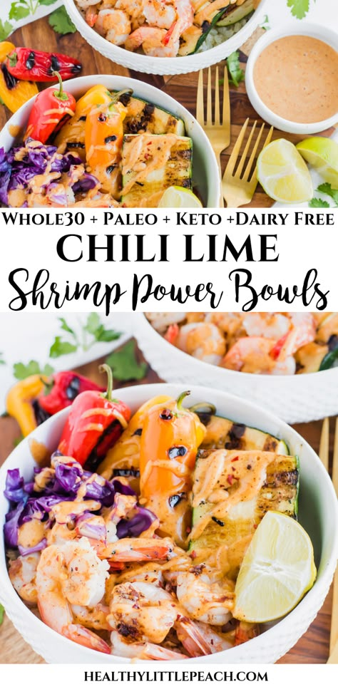 A light and refreshing Chili Lime Shrimp power bowl drenched in my famous Chili Lime sauce. It is Whole30, Paleo and Keto compliant. #keto #whole30 #paleo #powerbowls #whole30recipes #paleorecipes #ketorecipes Shrimp Bowls, Paleo Seafood, Chili Lime Sauce, Chili Lime Shrimp, Power Bowl, Lime Shrimp, Healthy Weeknight Dinners, Power Bowls, Lime Sauce