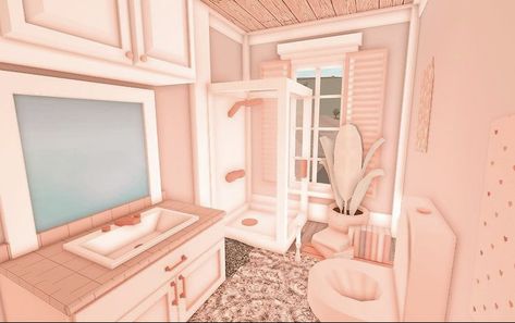 Beach House Bathroom Bloxburg, Preppy Bloxburg Bathroom, Bloxburg Decor, Blush Bathroom, Bloxburg Beach House, Pastel Bathroom, Preppy House, Beautiful Pantry, Blocksburg Room Ideas￼