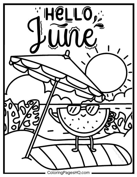 Hello June coloring page on the beach June Colors, Hello June, Binder Cover, Binder Covers, Months In A Year, Coloring Page, Coloring Pages, The Beach, Color